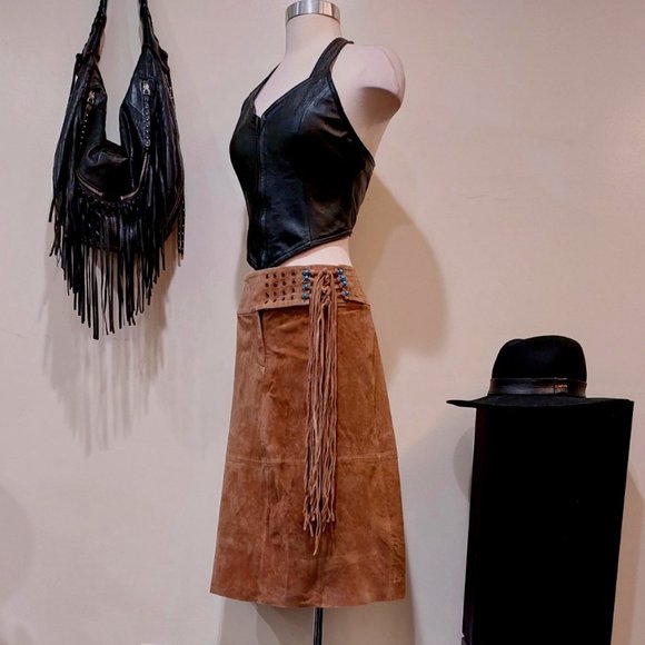 💋BOHO CHIC💋 Vintage 90s Genuine Leather Skirt with Fringe Belt